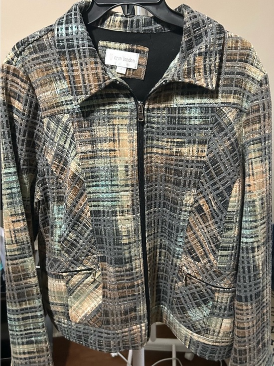 erin london Jackets & Blazers - erin london Plaid Zip-Front Jacket in Gray, Brown & Cream